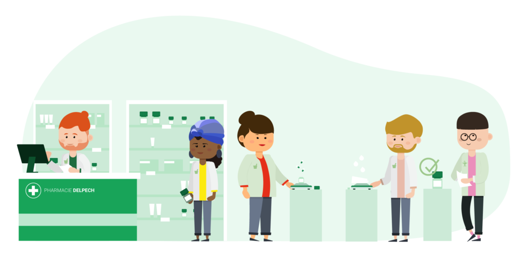 illustration pharmacie delpech bitmoji avatars 5 personnes préparateur et pharmaciens spécialisés dans la préparation magistrale